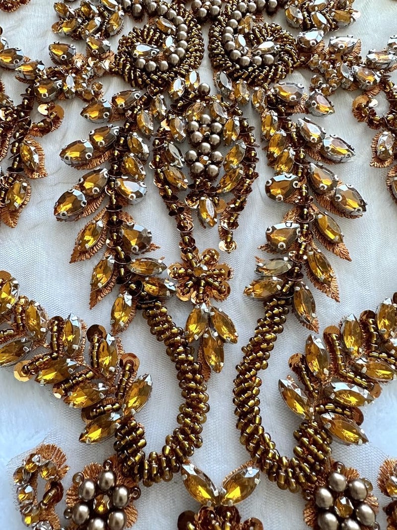PLune Handmade Shiny Rhinestones Applique handsewing Beaded Sequins Crystal on lace Trim Patches for Prom Dress Clothing Decorative Accessories (Brown) - Image 3